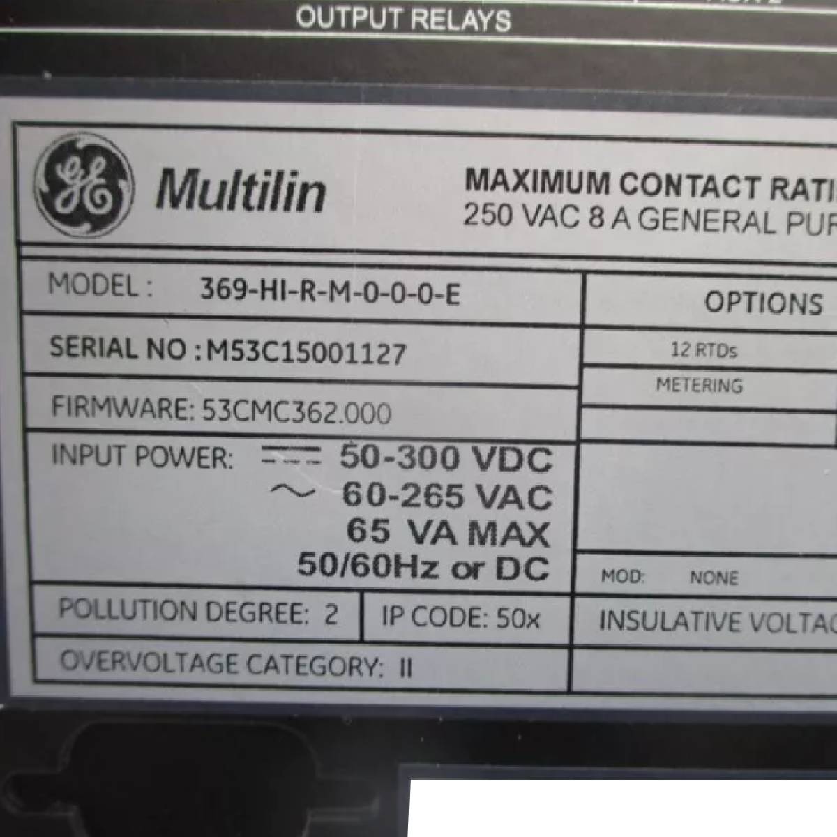 GE 369-HI-R-M-0-0-0 Digital Motor Protection Relay