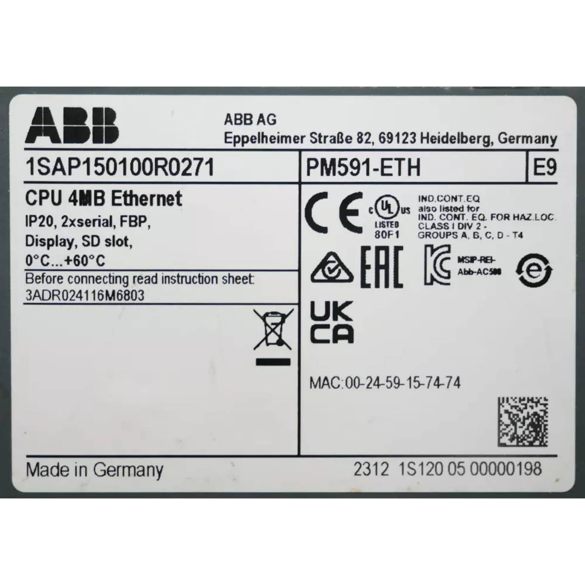 1SAP150100R0271 | ABB PM591-ETH Processor module